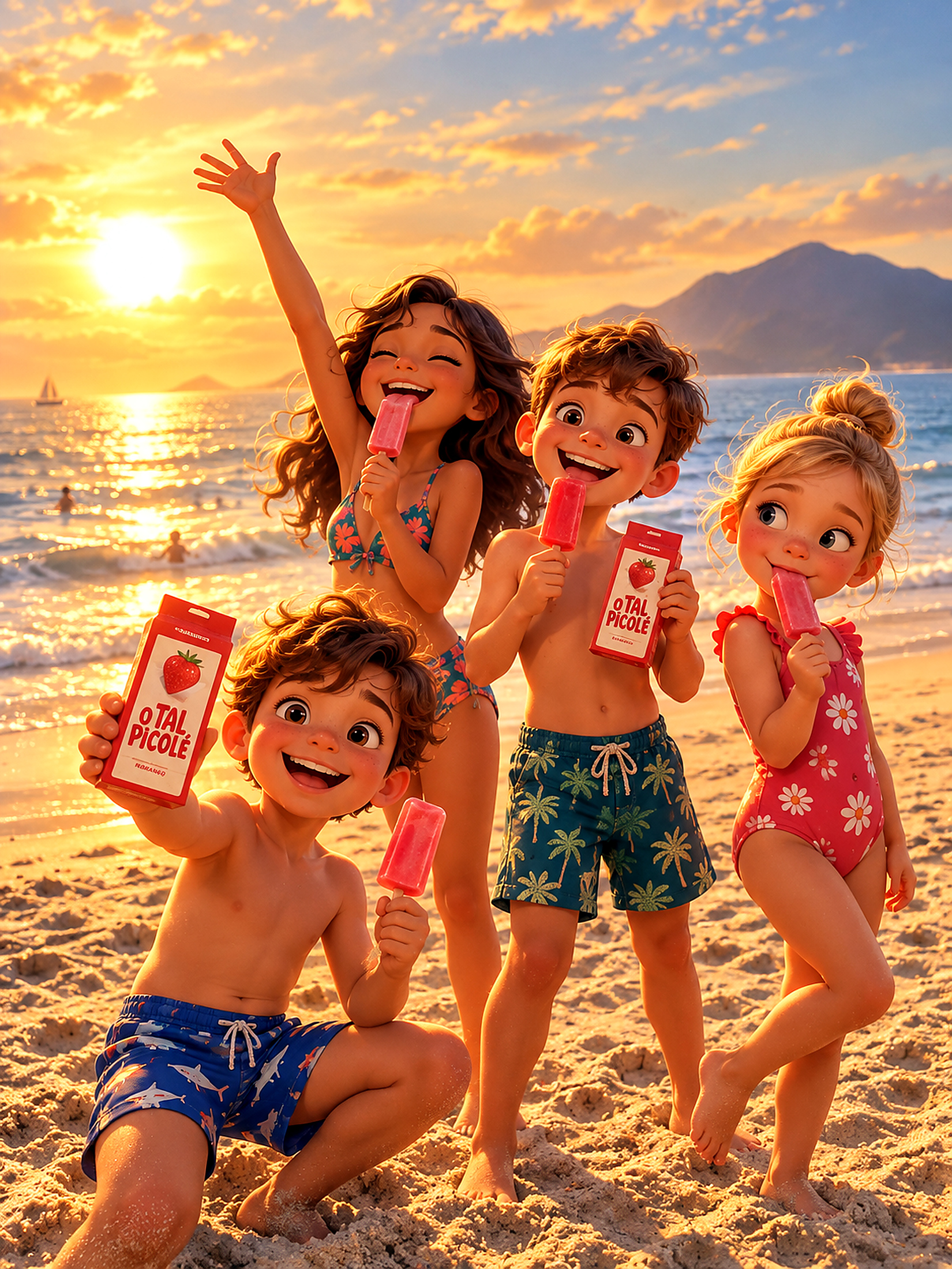 Crianças com O TAL PICOLÉ na praia